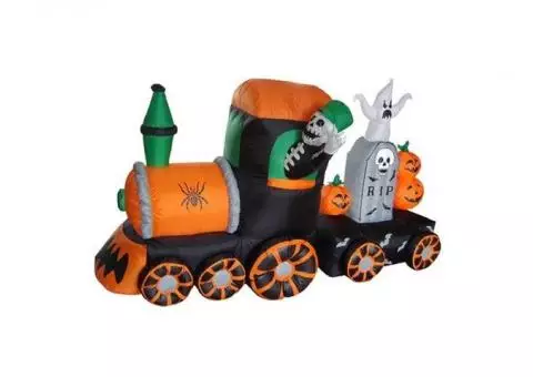 NEW 8 Ft Inflatable  Halloween Train Infaltable with a Skeleton, Spiders, Bats, RIP Sign Pumpkins